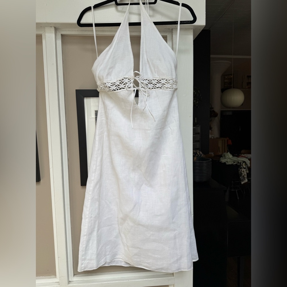 Miguelina Honeymoon White 100%Linen Halter Dress w/Broderie Anglaise Lace Detail